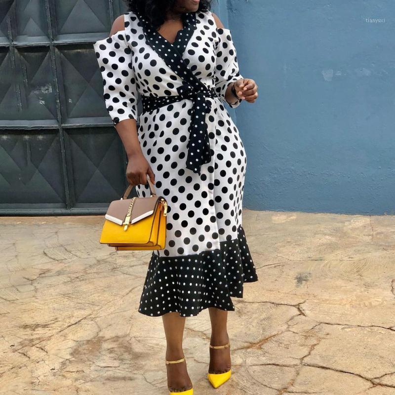 

Casual Dresses African Fashion Women Turn-down Collar Off Shoulder Dot Print Ruffles Midi Dress Fall Office Lady, White