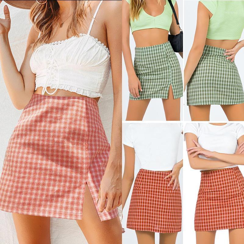 

Summer High Waist Split Short Skirt Plaid Mini Street Clothing Women A-Line Skirts, Green
