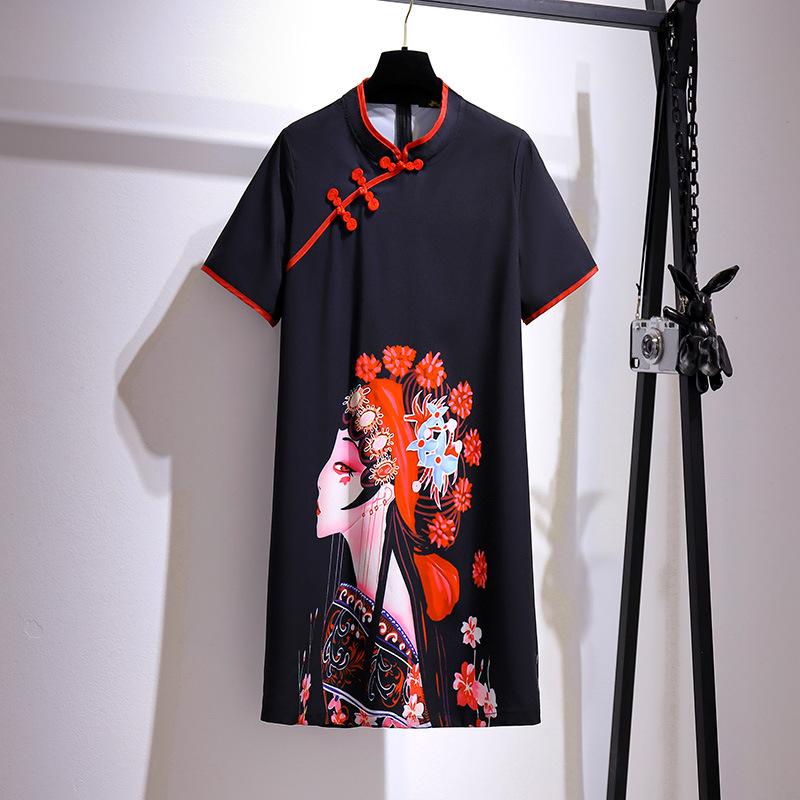 

Plus Size Dresses 2022 Ladies Summer Chinese Style For Women Large Short Sleeve Loose Print Mini Dress 3XL  5XL 6XL 7XL, Black