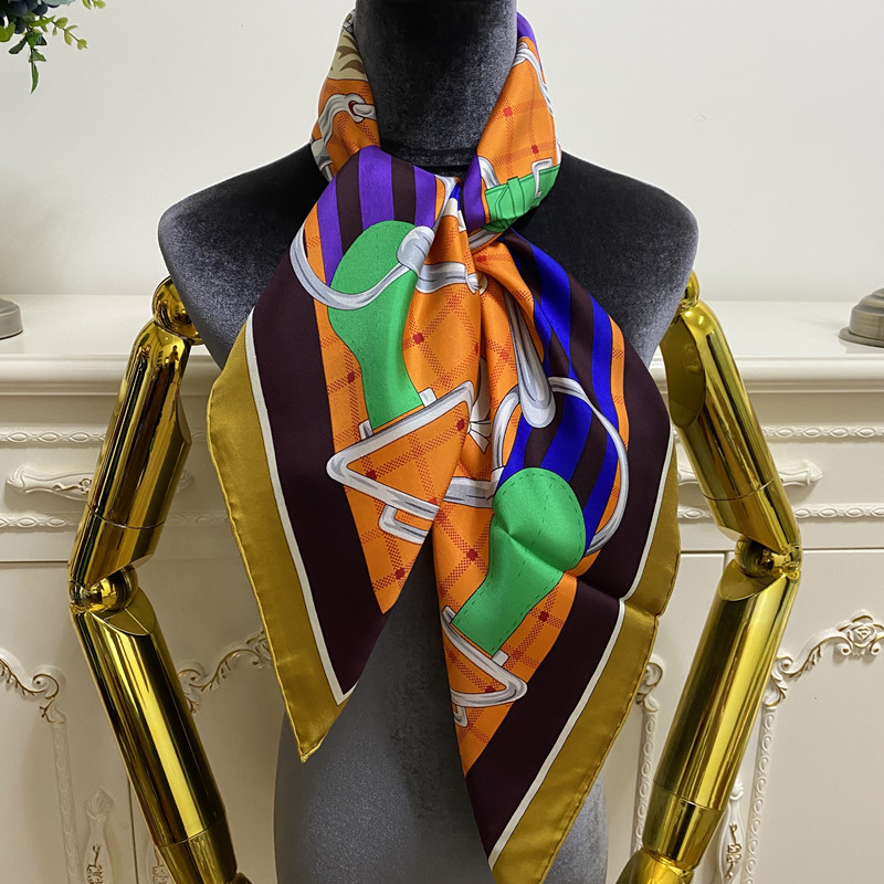 

Women's square scarf scarves good quality 100% twill silk material orange pint horse pattern size 90cm- 90cm