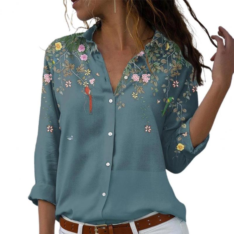 

Women's Blouses & Shirts Tops Women 2022 Lady Shirt Blusa Lapel Single-breasted Long Sleeve Flower Print Top For Office FemininaWomen's, Light green