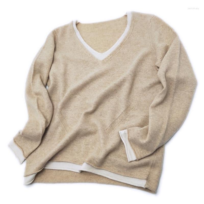 

Women' Sweaters High Grade 100%goat Cashmere V-neck Knit Women Fashion Patchwork Pullover Sweater Loose H-straight -XL Jemi22, Khaki