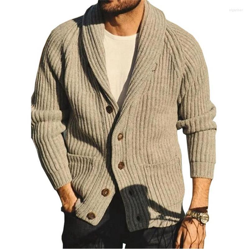 

Men' Sweaters Men' Sweater Lapel Long-sleeve Striped Cardigan Irregular Single-breasted Solid Color Casual CoatMen' Olga22, Khaki