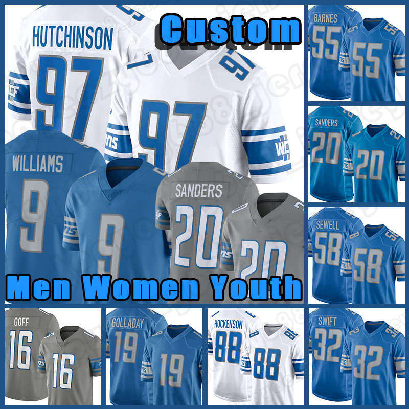 

97 Aidan Hutchinson 9 Jameson Williams Amon-Ra St. Brown Football Jersey Barry Sanders Jared Goff Lions D'Andre Swift T.J. Hockenson Detroit Penei Sewell Derrick Barnes, Custom youth (xiongshi)