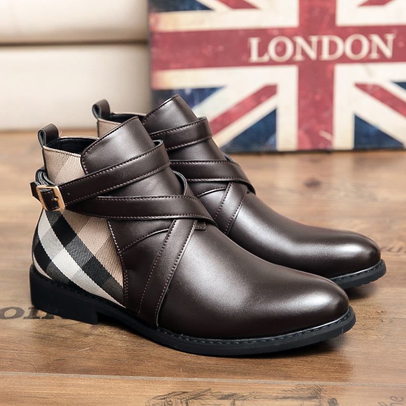 

Men Denim Boots Pu Stitched Low Heel Buckle Design Checkered Ankle Fashion Professional Classic Comfortable Non Slip TV866, Black