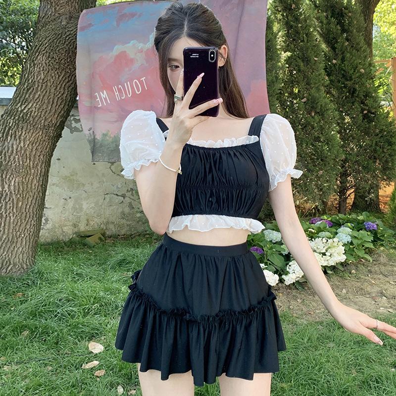 

Women's Swimwear Full Bath Suit Women Set Two Piece Fashion Swimsuit 2022 Large Sizes Setup Ladies Korea Bathing Lace High Waist Skirt SexyW, Black