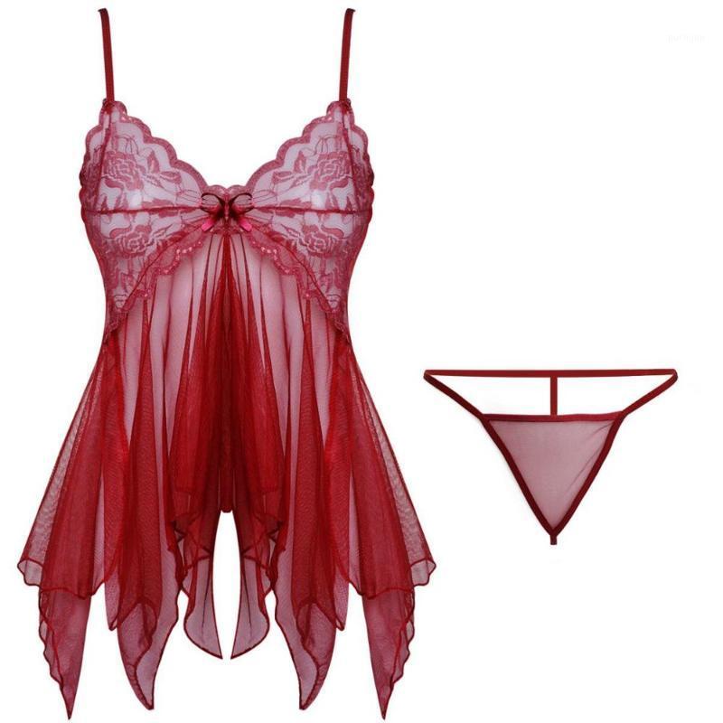 

Sale Women Sexy Night Dress Lace Lingerie Sleepwear Femme V-Neck Nightdress Babydoll Nightwear Thong Set