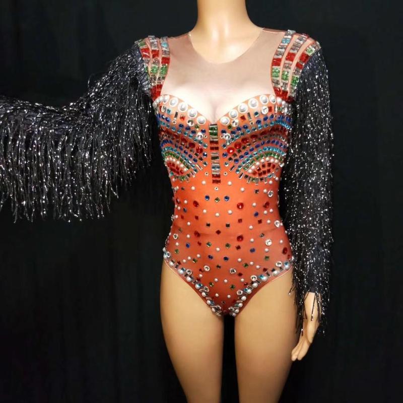 

Women's Two Piece Pants Multicolour Tassels Long Sleeves Stage Bodysuits Women Stretch Rhinestone Jumpsuits Pole Dance Leotard Jazz DJ Singe, Multi