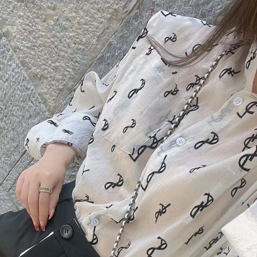 

Long Sleeve White Blouse Women Turn Down Collar Office Shirt Woman Oversized Button Womens Tops with Letter YYL517, Beige