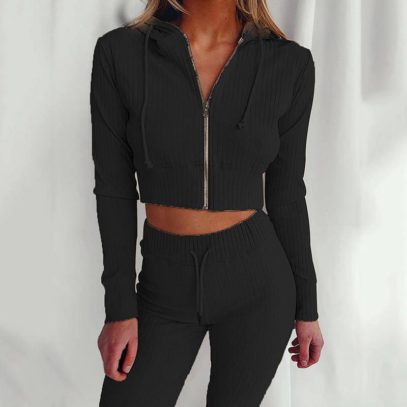 

Women' Two Piece Pants 2pc Autumn Women Short Top+pants Set 2022 Casual Fashion Solid Color Sweatshirt Suit Long-sleeved Zip Female Top Tro, Black