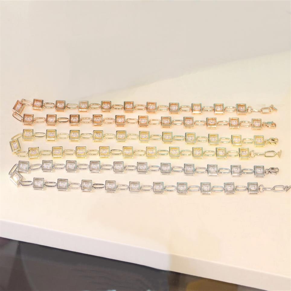 

Europe America Fashion Style Necklaces Lady Women Brass White Square Crystal Engraved T Letter 18K Plated Gold Chain Necklace295l