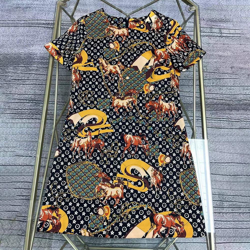 

Women summer dress crew neck short sleeves designer clothes sale with floral printed slim design above knees, Black