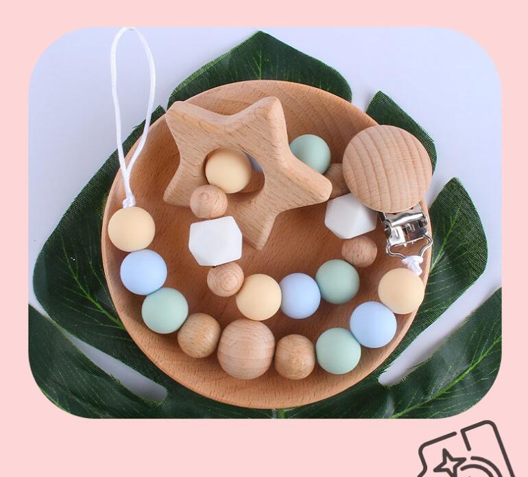 

baby Safty Wooden Soothers & Teethers Star Love Heart Shape Beads Ball Health Care Teething Training Infant 27cm Pacifier Anti Dropping
