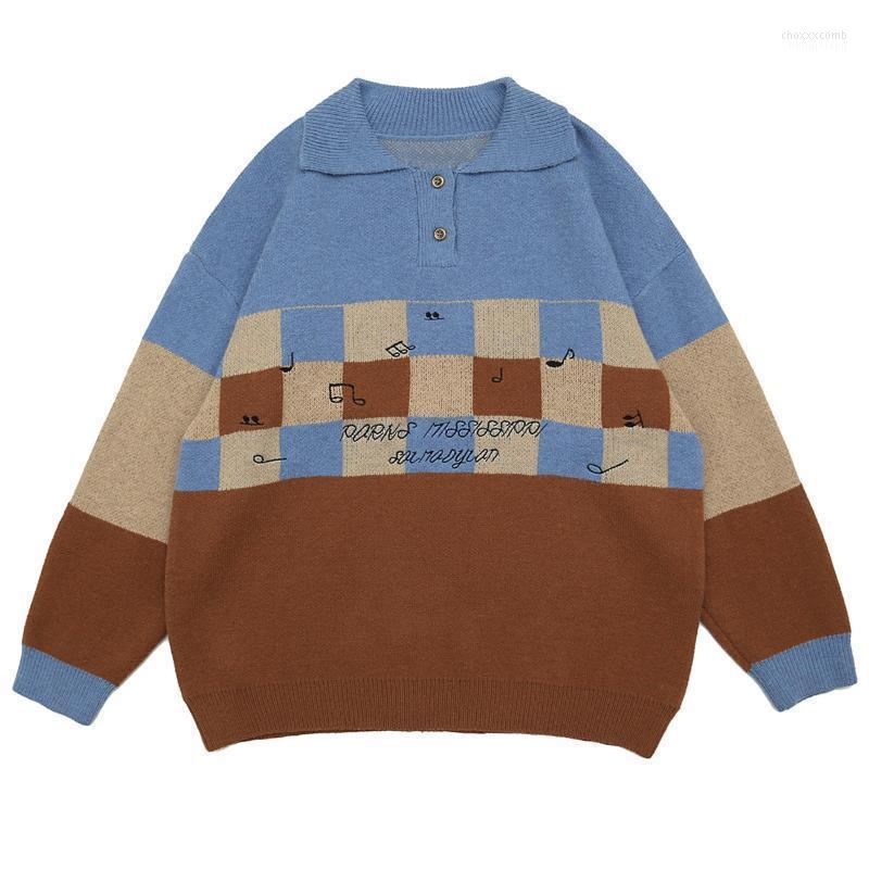 

Men's Sweaters LACIBLE Music Note Print Patchwork Sweater Men Women Hip Hop Pullovers Knitted Harajuku Streetwear Turn-down Collar 2022, Blue