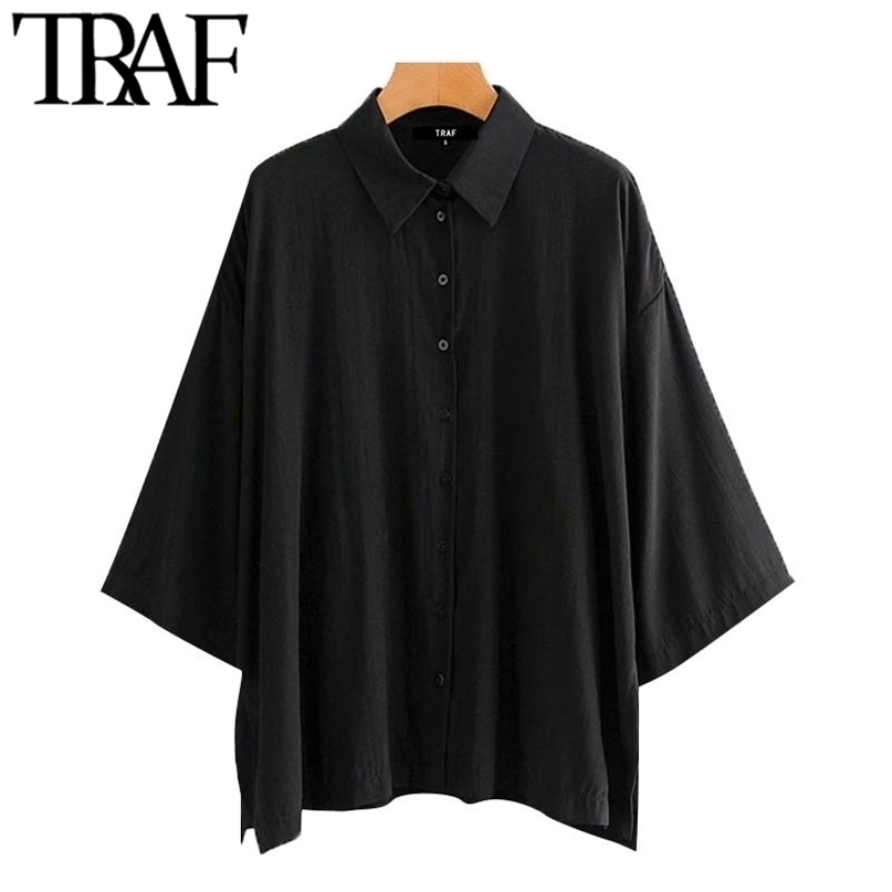 

TRAF Women Fashion Oversized Button-up Cozy Blouses Vintage Three Quarter Sleeve Side Vents Female Shirts Chic Tops 220402, As picture