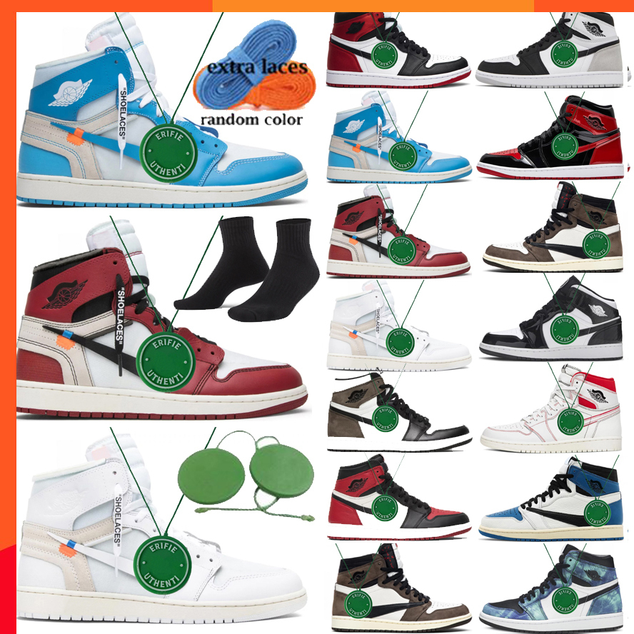 

Off Jumpman 1s Basketball Shoes Men Women 1 White x Unc Chicago Sneakers Black Bred Toe Fearless Dark Mocha Peter Moore Bubble Gum Trainer