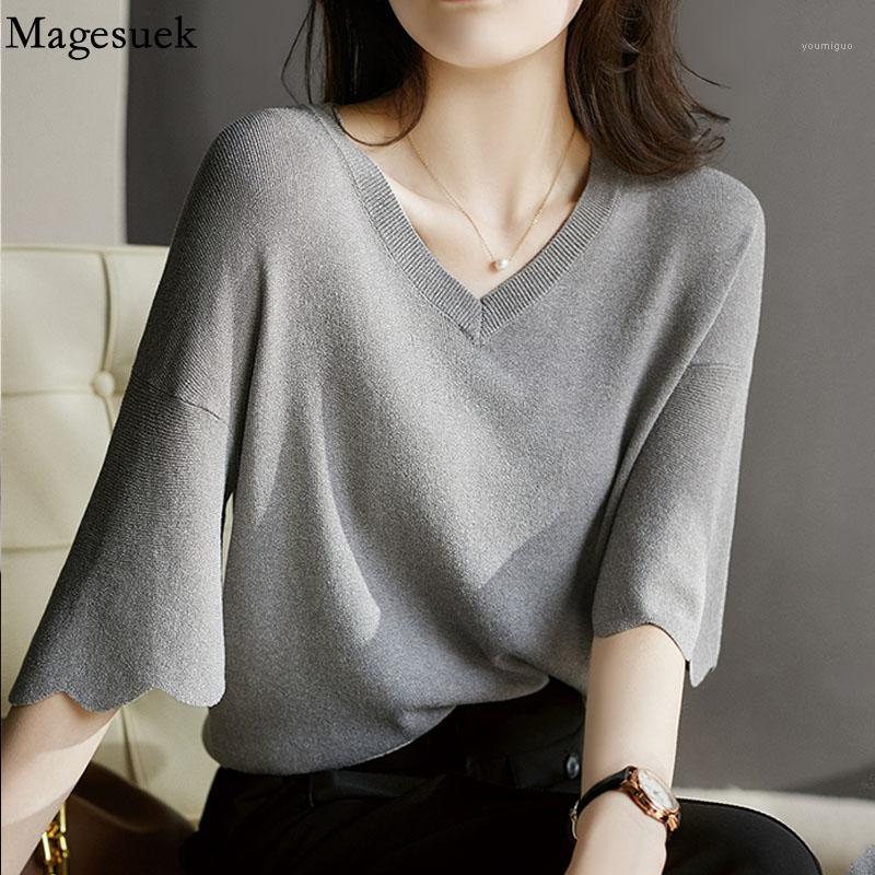 

Women' Blouses & Shirts Ice Silk Petal Sleeve Fashion Shirt V-neck Knitting Summer Blouse Top Loose Short Sweater Thin 14799, Gray