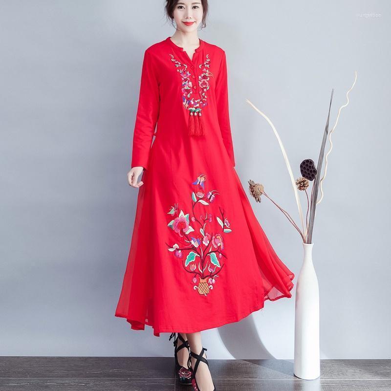 

Ethnic Clothing Fall 2022 Robe Vintage Femme Red Green Black Dress Embroidery Ao Dai Long Women Elegant Chinese Dresses TA1592Ethnic