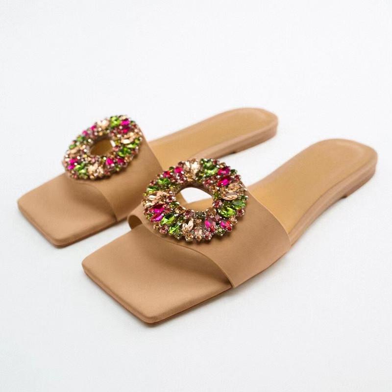 

Sandals Designer Fashion Flat Slippers Female Woman Summer 2022 Crystal Square-Toe Beach Shoes Plus Size 41SandalsSandals, Khaki