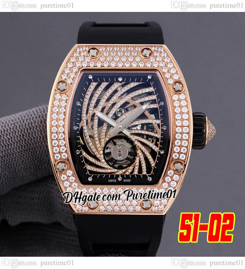 

2022 Miyota Automatic Unisex Mens Ladies Watch 18k Rose Gold Diamonds Case Diamond Twister Skeleton Dial Black Rubber Womens Super Edition Puretime01 E276-5102