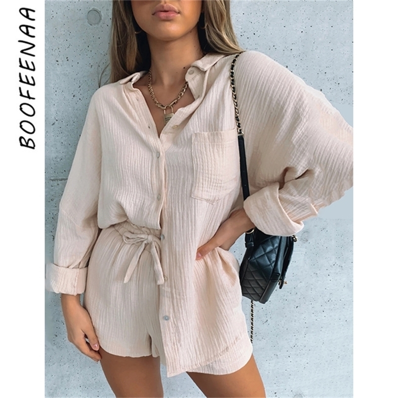 

BOOFEENAA Two Piece Outfits for Women Matching Sets Cozy Loungewear Spring Shirts Blouse and Shorts 2 Piece Set C92-CF36 220614, Apricot