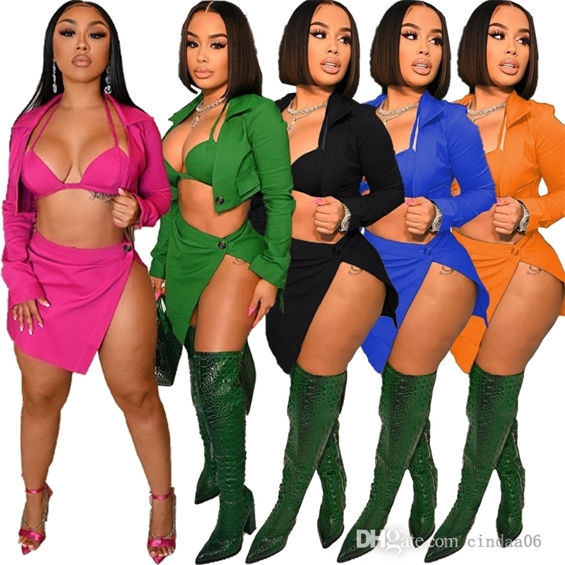 

Sexy Womens Tracksuits Designer Clothing 2022 Three Piece Dress Long Sleeve Shirt Jacket + Bra Skirt Set, Orange