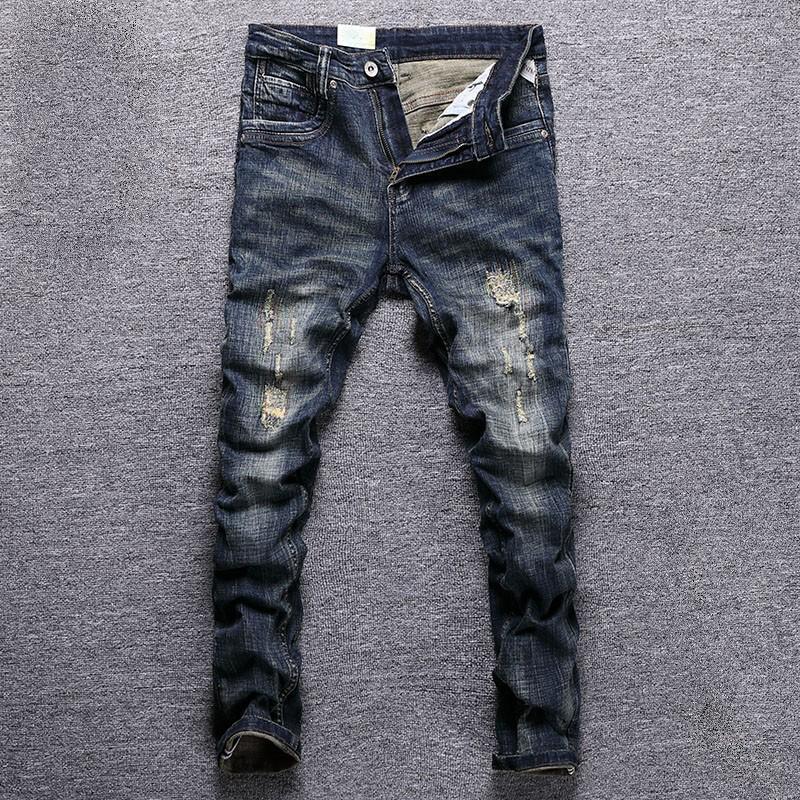 

Men's Jeans Italian Style Fashion Men Retro Black Blue Elastic Slim Fit Ripped Embroidery Designer Casual Cotton Denim Pants, Retro black blue 907