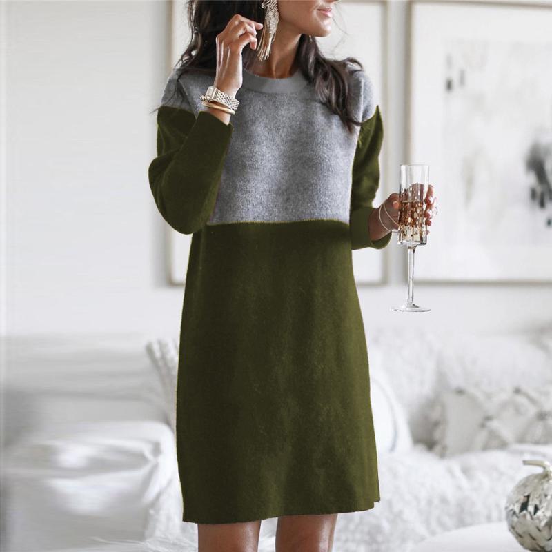 

Casual Dresses 2022 Fashion Women O-neck Long Sleeve Dress Winter Autumn Ladies Loose Stitching Color Pullover Sweater Vestido De Mujer, Black