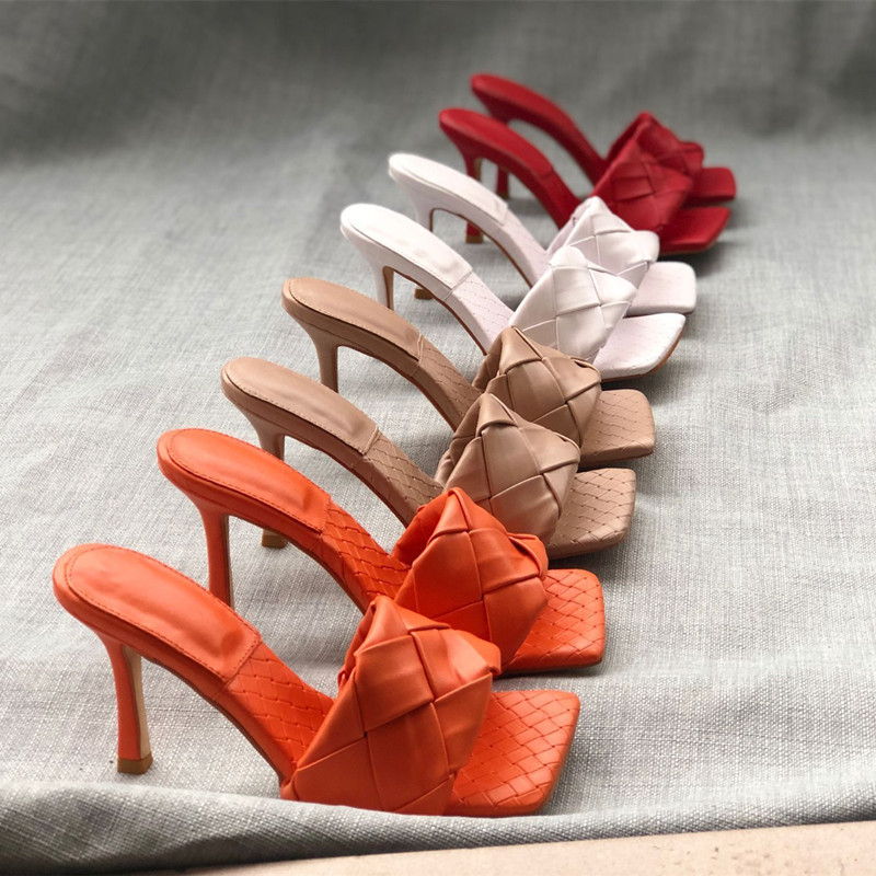 

Toe High Heeled Shoes Women Square Weave Luxury Designer Mules Stiletto Heels Pumps Sexy Ladies Dress Leather Party Sandals, Apricot