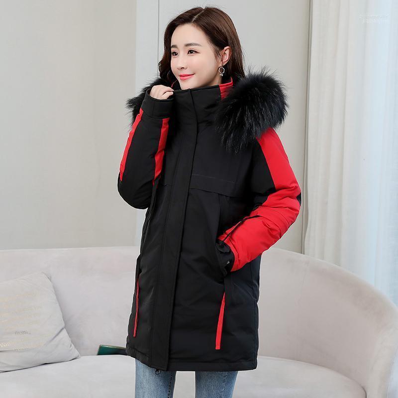 

Women Fashion Contrast Color Patchwork Faux Safari Style Medium Long Hooded Parka Winter Jacket Guin22, Purple 02