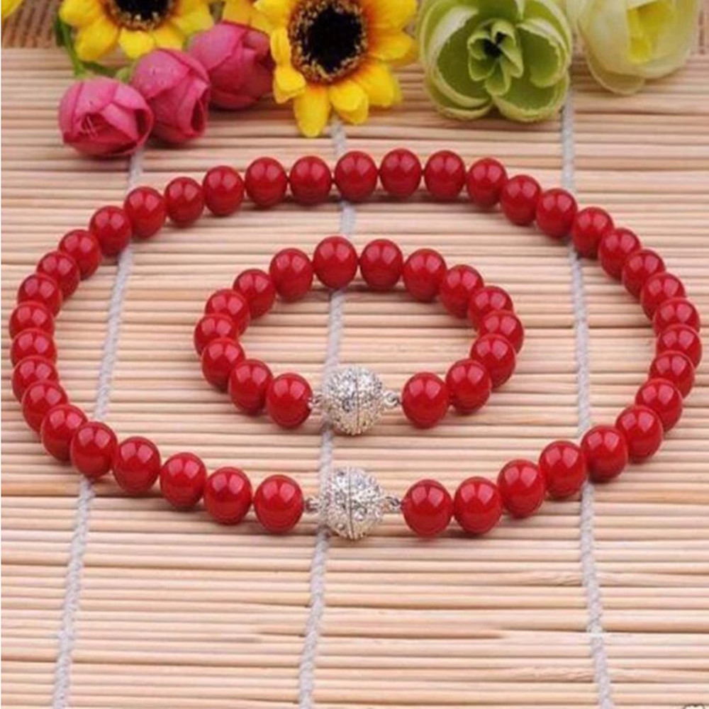 

Handmade women's 8mm red shell pearl 45cm necklace 20cm bracelet set fashion jewelry