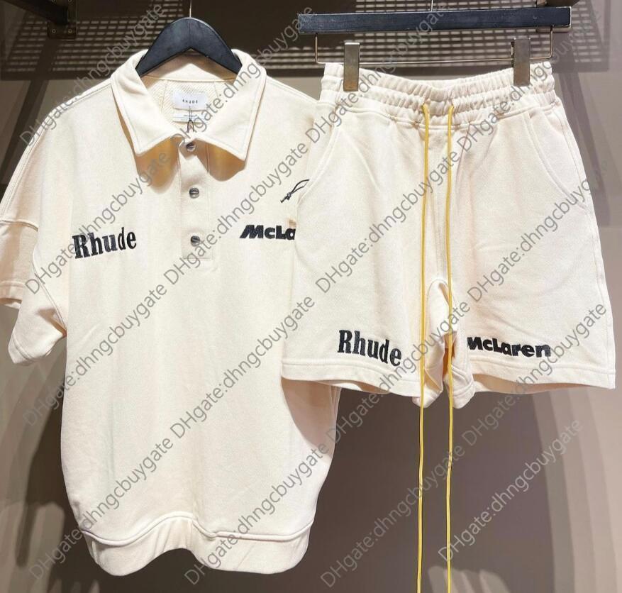 

T Shirt Designer 22ss Rhude Letter Embroidery Lapel Pullover T-shirt Short Sleeve High Street Couple Loose Round Neck Fog Fashion, Apricot short sleeve