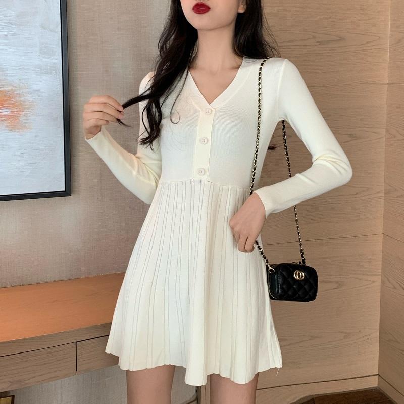 

Casual Dresses LY VAREY LIN Autumn Winter Women V-neck Single Breasted Knitting Dress Office Lady Long Sleeve High Waist Solid, Black;gray