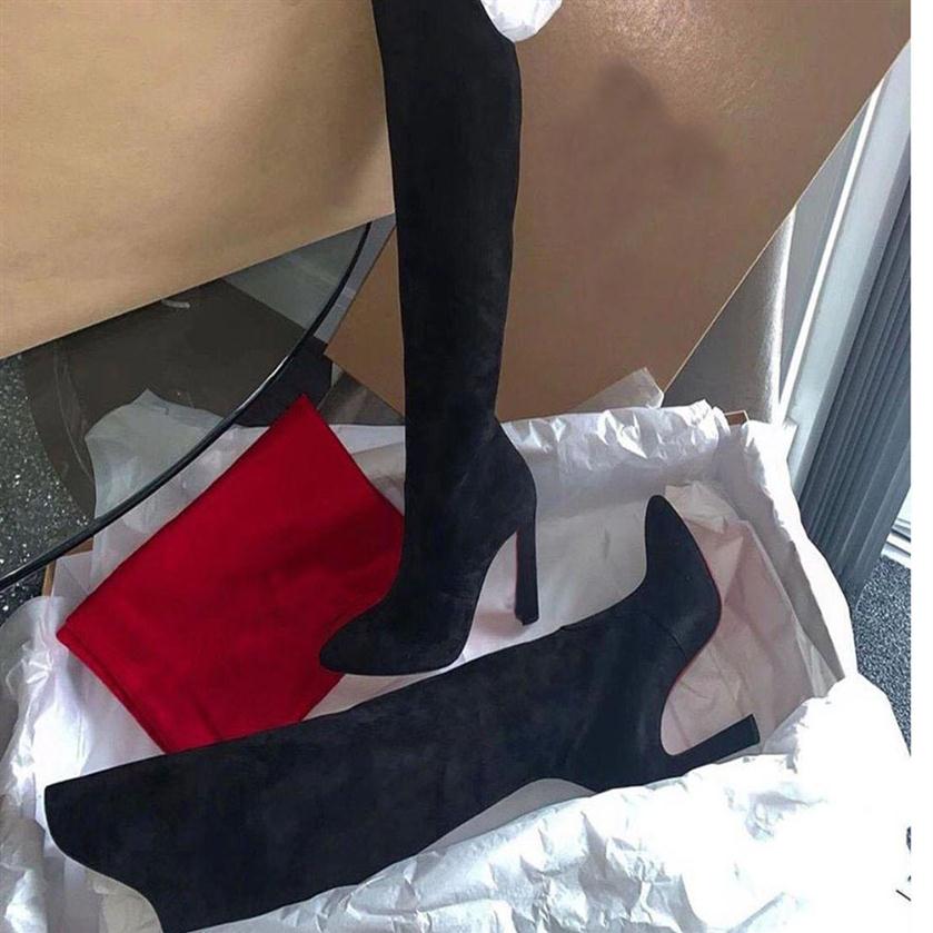 

Winter Woman Boots Luxurious Fashion Long Sleek Red Soles Heels Booties Eleonor Botta Calfskin Black soft Suede Leather Tall Boot 225o