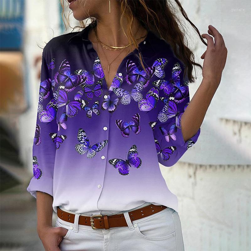 

Women' Blouses & Shirts Spring Fashion Butterfly Print Tops And Women Turn-down Collar Long Sleeve Casual Ladies Buttons Elegant BlousesWom, Blue