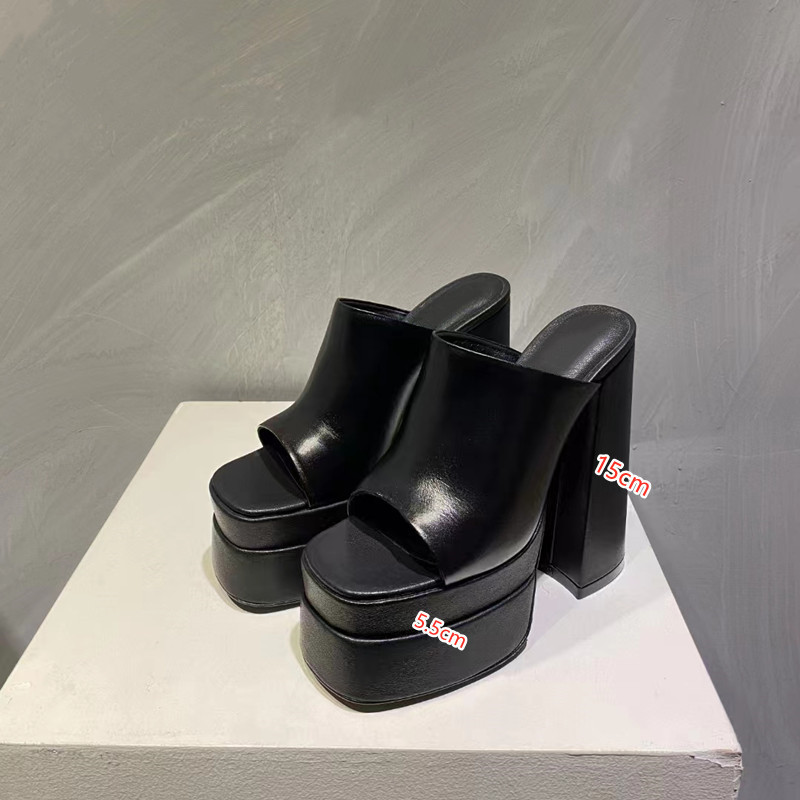 

High heel Slippers sandals mules calf Leather slides chunky block high Heels slip-on open toe women Luxury Designers street style shoes Evening factory footwear15cm, Burgundyshoe box