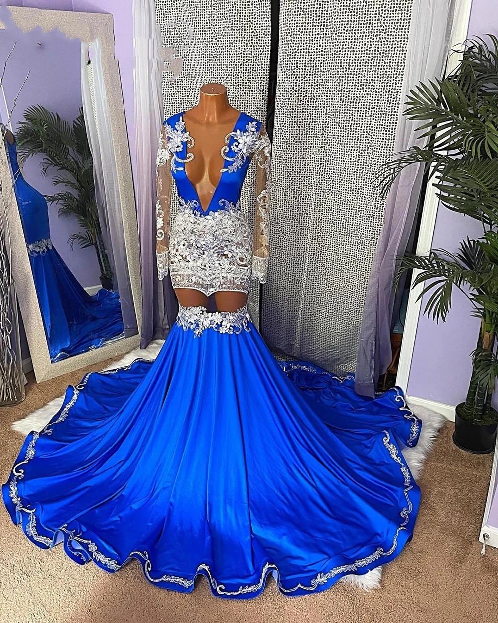 

Royal Blue Mermaid Long Prom Dresses 2022 African Black Girl Sexy Beaded Silver Applques See Through Long Sleeves Evening Occasion Gowns, Purple
