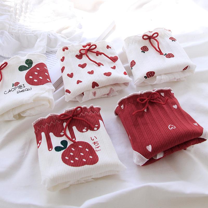 

Cotton Panties Female Underpants Sexy Women Underwear Soft Lingerie Lace Up Briefs Strawberry Hearted Printed Pantys Wdc6243, White love 1