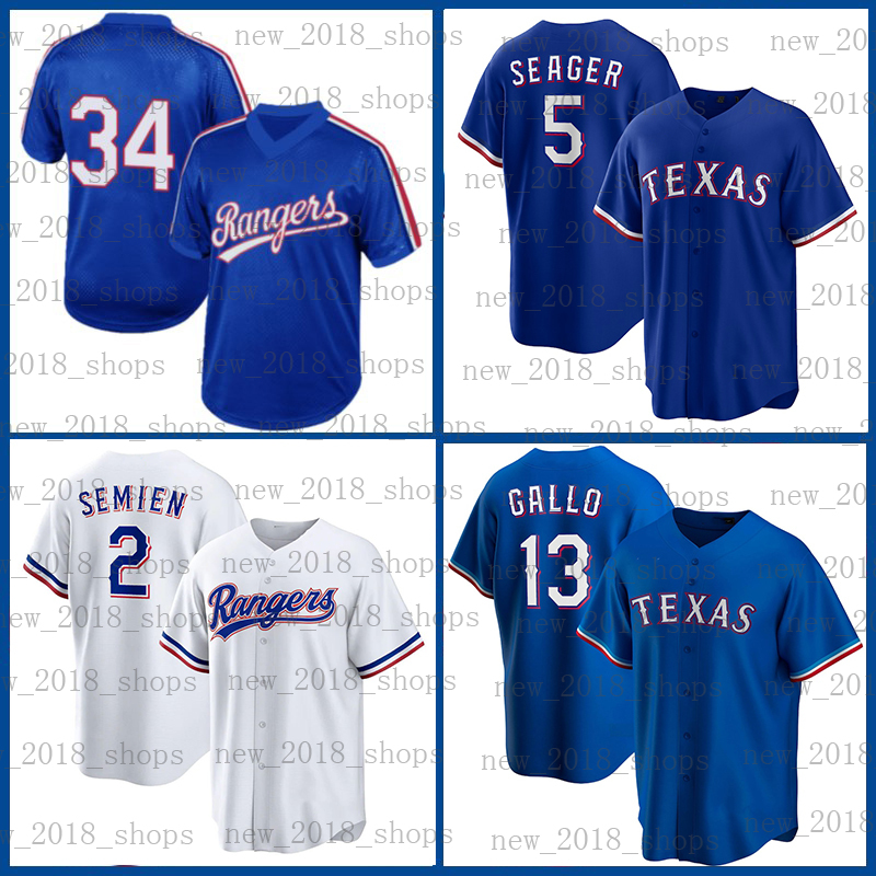 

2 Marcus Semien Rangers 5 Corey Seager Texas 34 Nolan Ryan Mitch Garver Andy Ibanez Baseball Jersey Nathaniel Lowe Nick Solak Adolis Garcia Kole Calhoun Willie Calhou, Custom retro men jersey