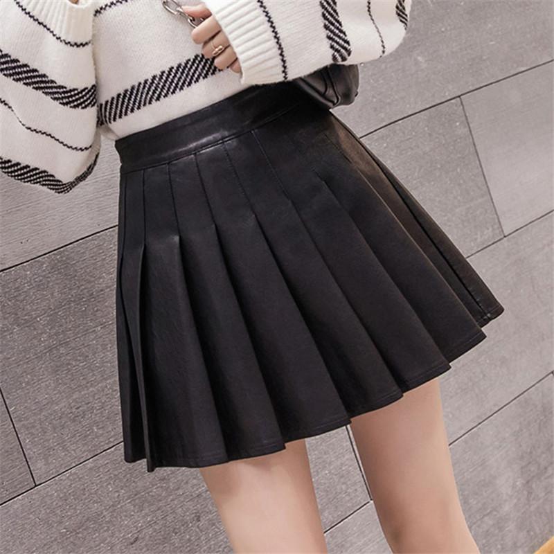 

Skirts Preppy Style Black Pleated Skirt Mini Faux Leather Women High Waist Was Thin PU Plissee Jupe En Cuir FemmeSkirts, Black leather skirt