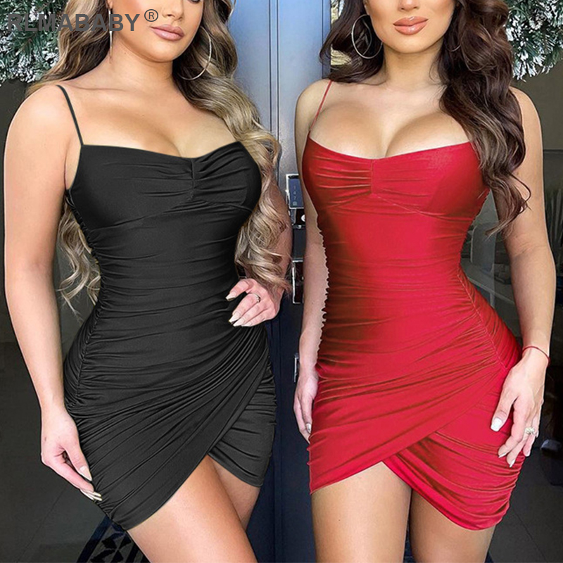 

Red V Neck Ruched Asymmetrical Mini Dress Elegant Spaghetti Strap Black Bodycon Dress Sexy Summer High Street Female Satin Dress