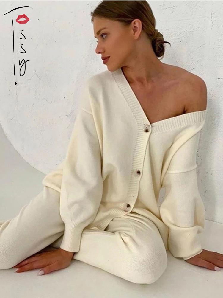 

Women' Two Piece Pants Tossy Women Solid Knitted 2 Pices Set Cardigan And Casual Loose Long Home Suit Tracksuit 2022 Spring Fall, White