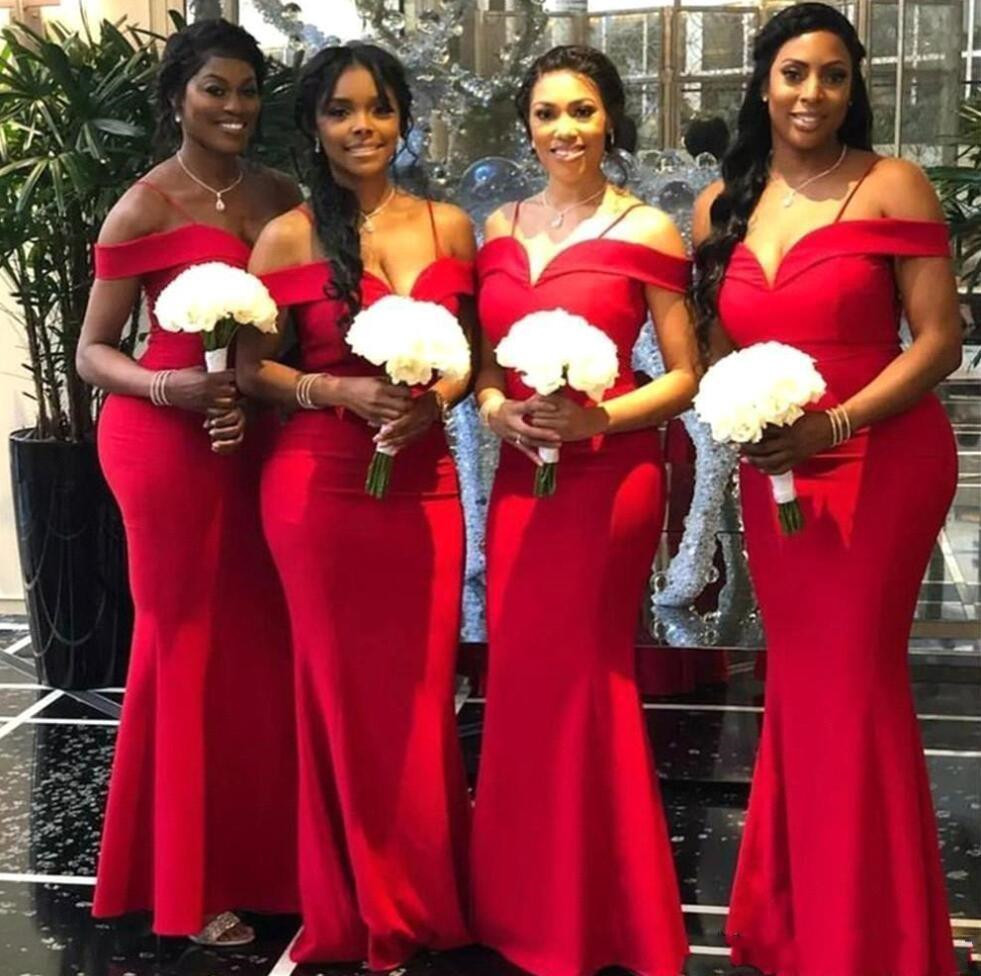 

Red Mermaid Bridesmaid Dresses 2022 Spaghetti Off Shoulder Women Wear Special Banquet Gowns Zipper Back Long Prom Dress