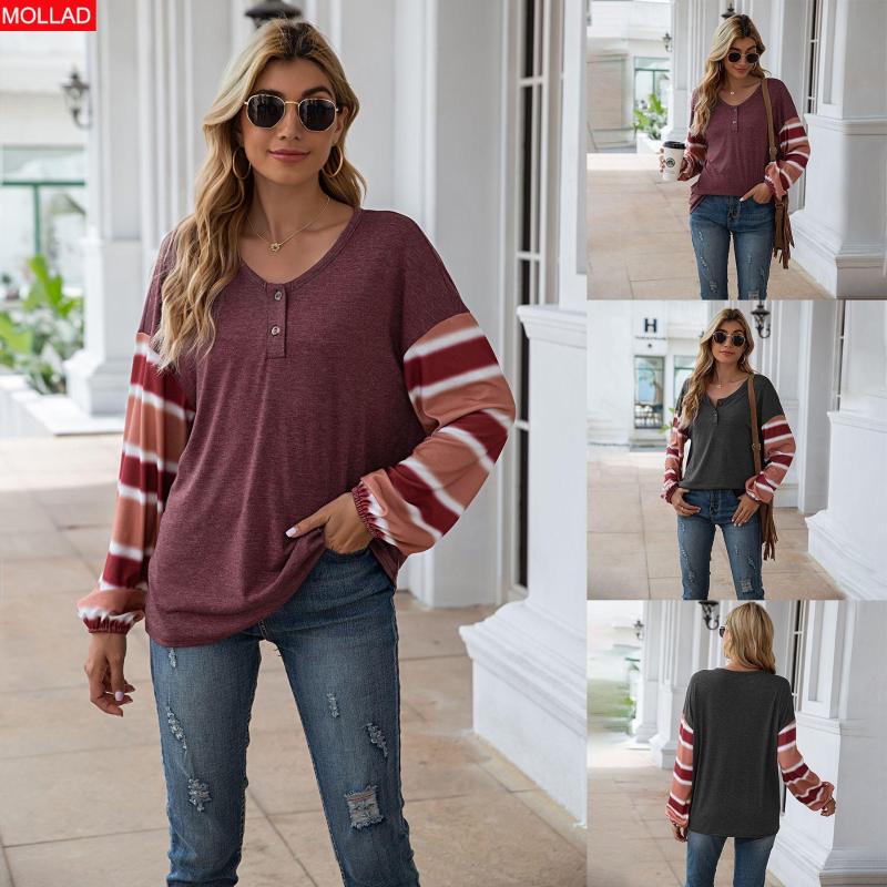 

Women' T-Shirt Spring/Summer In Europe And America Striped Stitching Long Sleeve WomenWomen, Gray