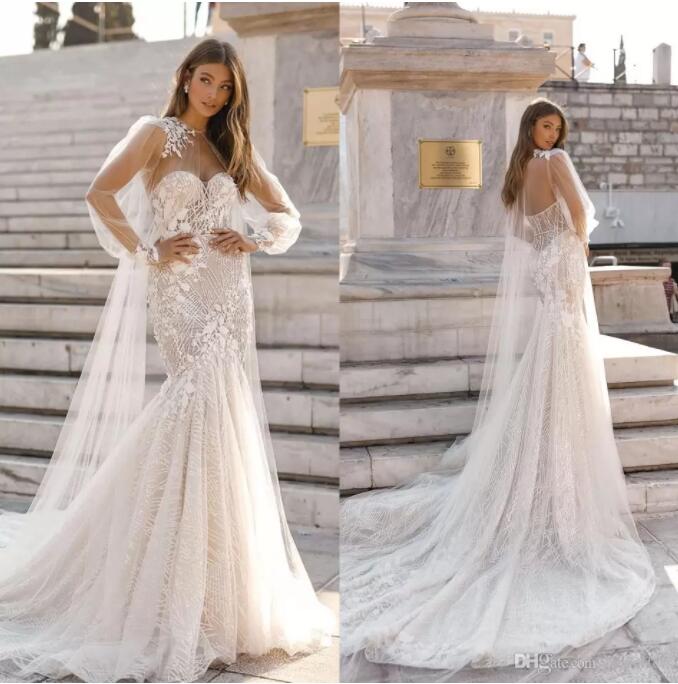 Paillettes Robes de mariée de sirène 2022 avec Cape Sweetheart Necy Lace Appliques Sweep Train Bridal Bridal Beach Robe de Marie BC2073 B0619X01