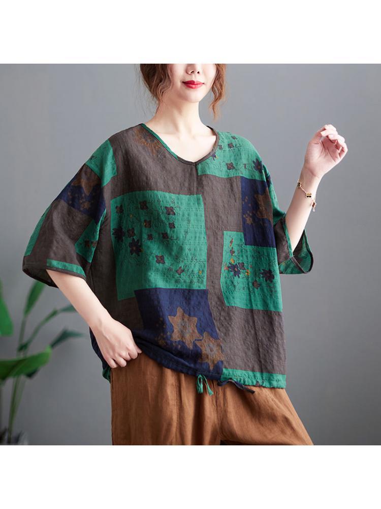 

Women's Blouses & Shirts Summer Women Cotton Linen Printed Patchwork Blouse Shirt Femme Casual V-neck Loose Pullover Tops Clothes M218Women', Red
