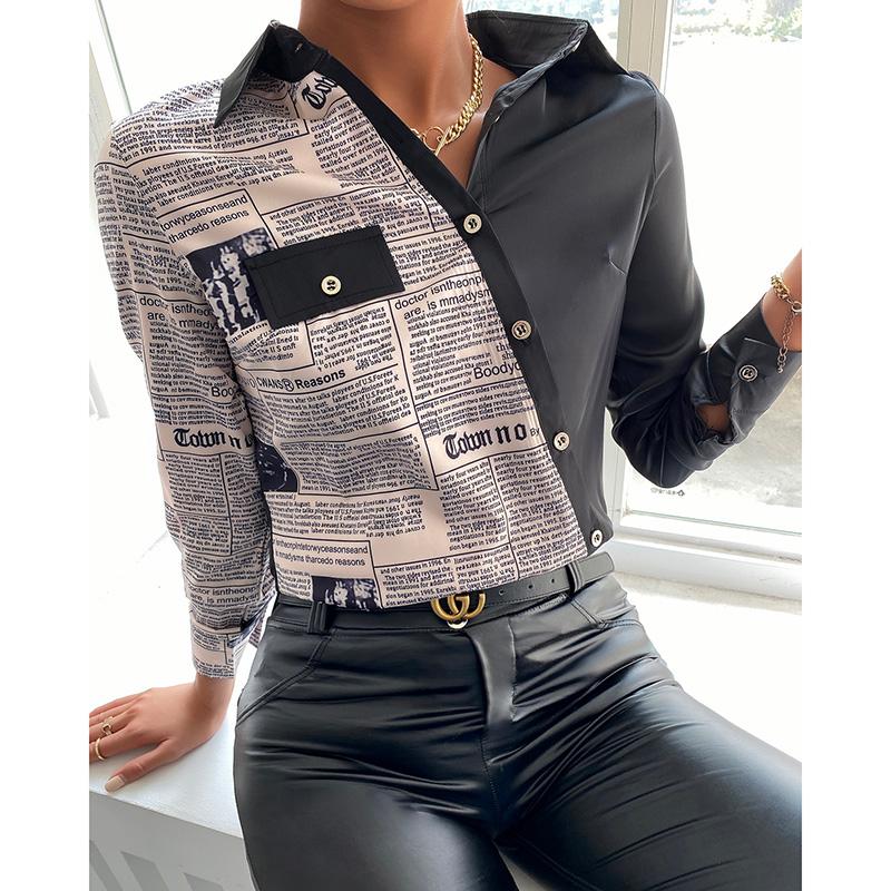 

Women' Blouses & Shirts Women Fashion Shirt Lady Long Sleeve Blouse Autumn Clothing Turn-down Collar Button Design Print Casual, Black