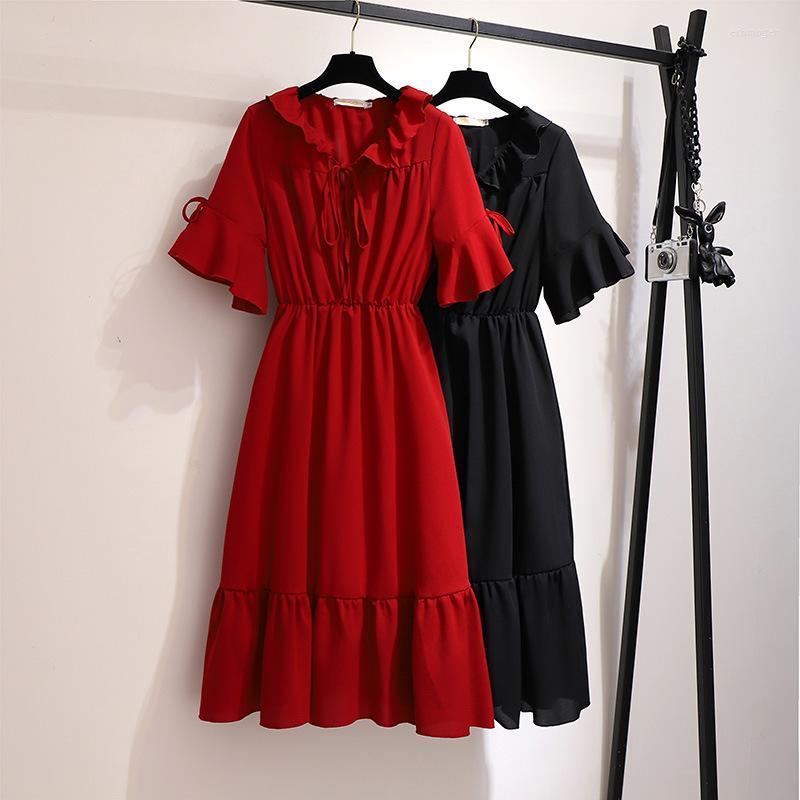 

Plus Size Dresses Women's Clothing Dress 2022 Summer Vintage Red Black Ruffles Collar Flare Sleeve Chiffon For Women  5xl 6xl Echm22
