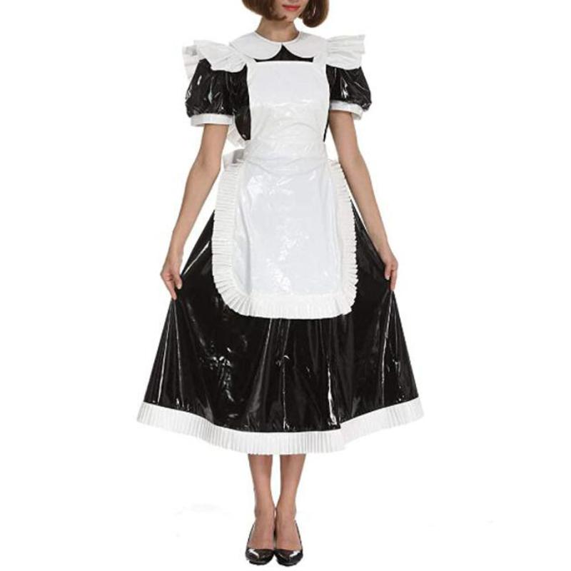 

Casual Dresses Sexy Maid PVC Dress Plus Size -7XL Lockable Uniform Servant Cosplay Costume Puff Sleeve Sweet Lolita With White Apron, Beige