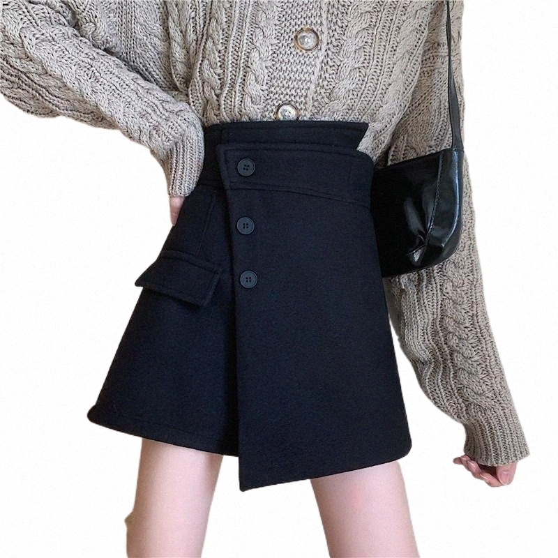 

skirts Woman Black Woolen Shorts Women' High Waist Loose And Irregular Casual Straight Pants Skirt Mujer Faldas Saias Mulher 08rh#